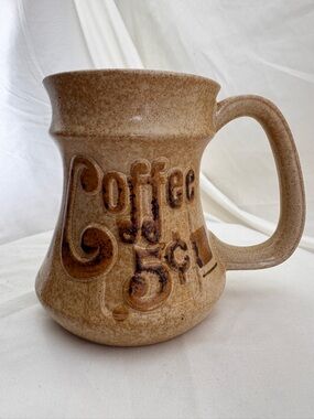 Vintage Pottery Craft USA Coffee 5¢ Mug - 1970s MCM Speckled Stoneware Art Stein